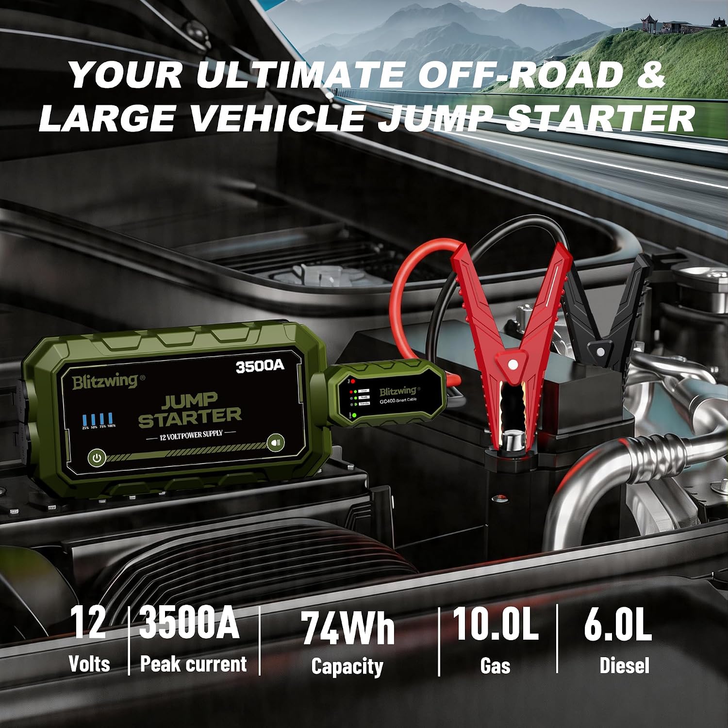 3500A 12V Heavy-Duty Jump Starter, Portable Jump Pack Battery Booster for Trucks & RVs, Compatible with 10L Gasoline and 6L Diesel Engines, PD60W Bidirectional Fast Charging with LED Light, 18-Month Standby Auto Jump Start Function